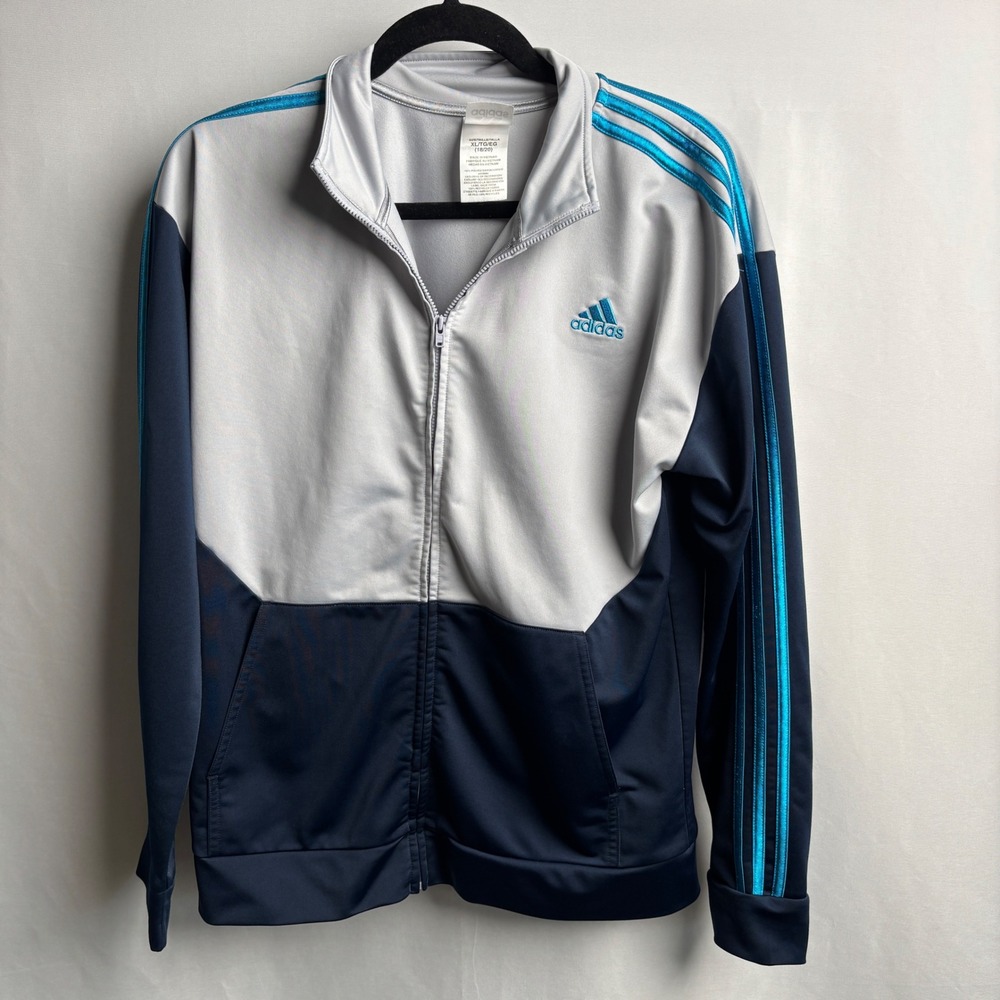 Adidas Big Boys XL 18/20 Track Jacket Gray Navy Blue Full Zip Uplift Tricot